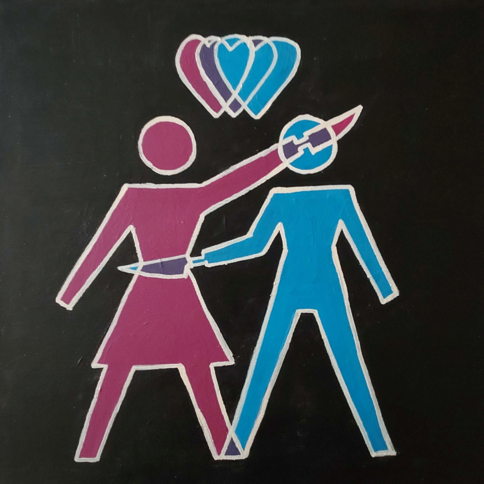 a heavily stylized acrylic painting of a pink figure stabbing the head of a blue figure. the blue figure is in turn stabbing the stomach of the pink figure.
